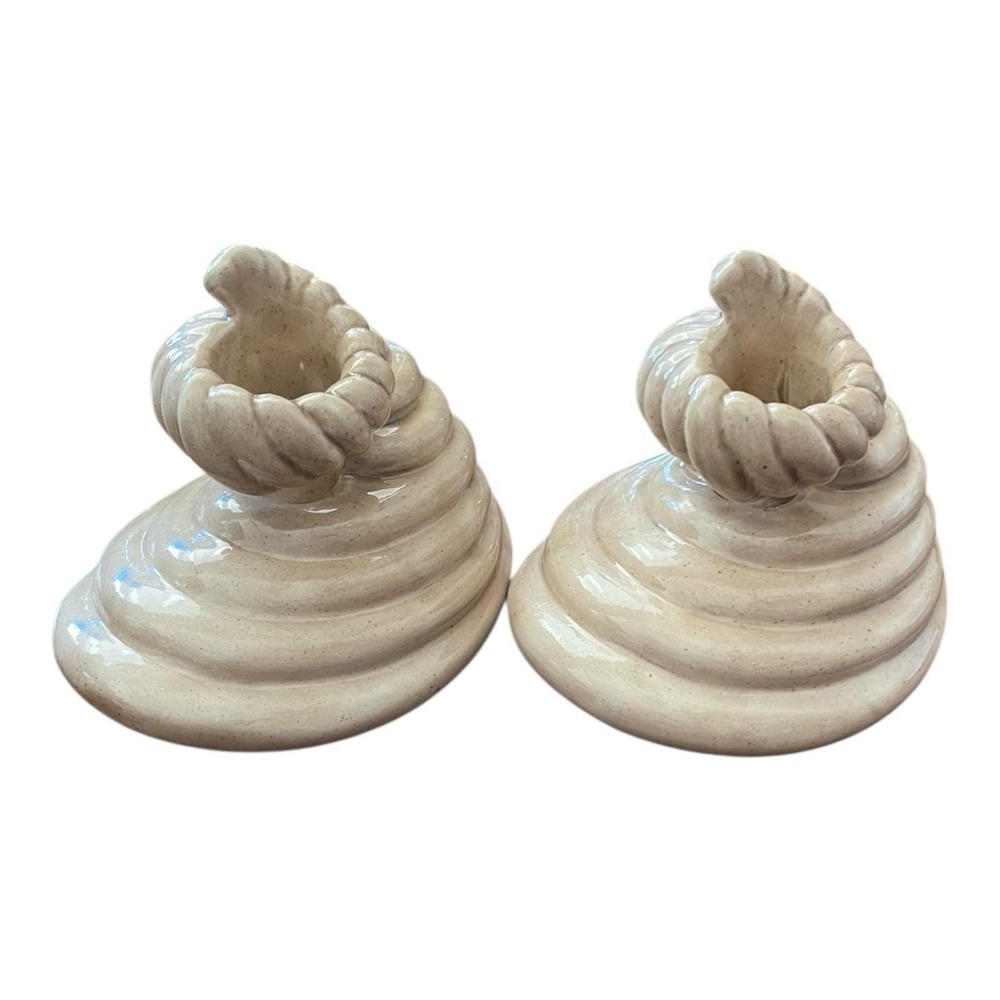 1981‎ Studio Pottery Ram Horn ceramic beige candelabra 3.5" tall candle holders